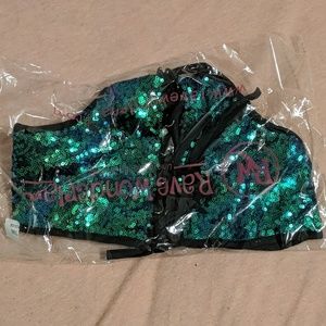 Iridescent turquoise/green sequin lace-up halter c